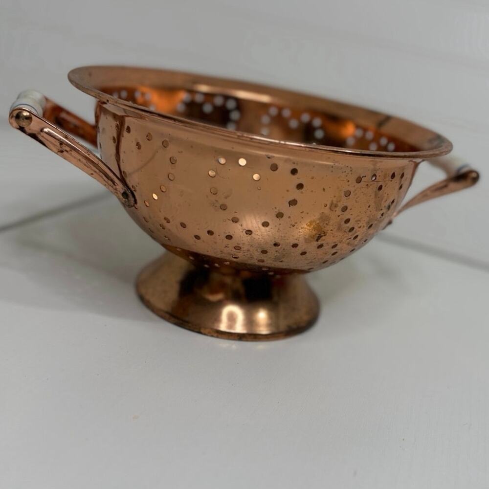Teleflora Copper Colander Strainer Porcelain Handles Heart Shaped Hole Pattern